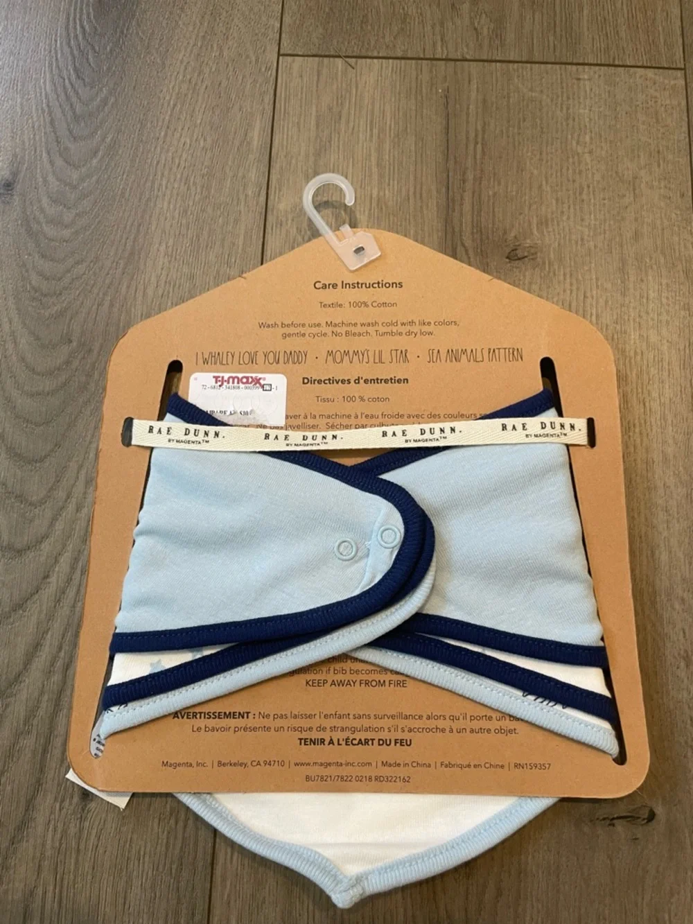 Rae Dunn Baby Light Blue Whale Bandana Bibs with Navy Trim - Set of 3